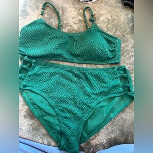 Time and Tru Teal Textured High-Waist Bikini Set